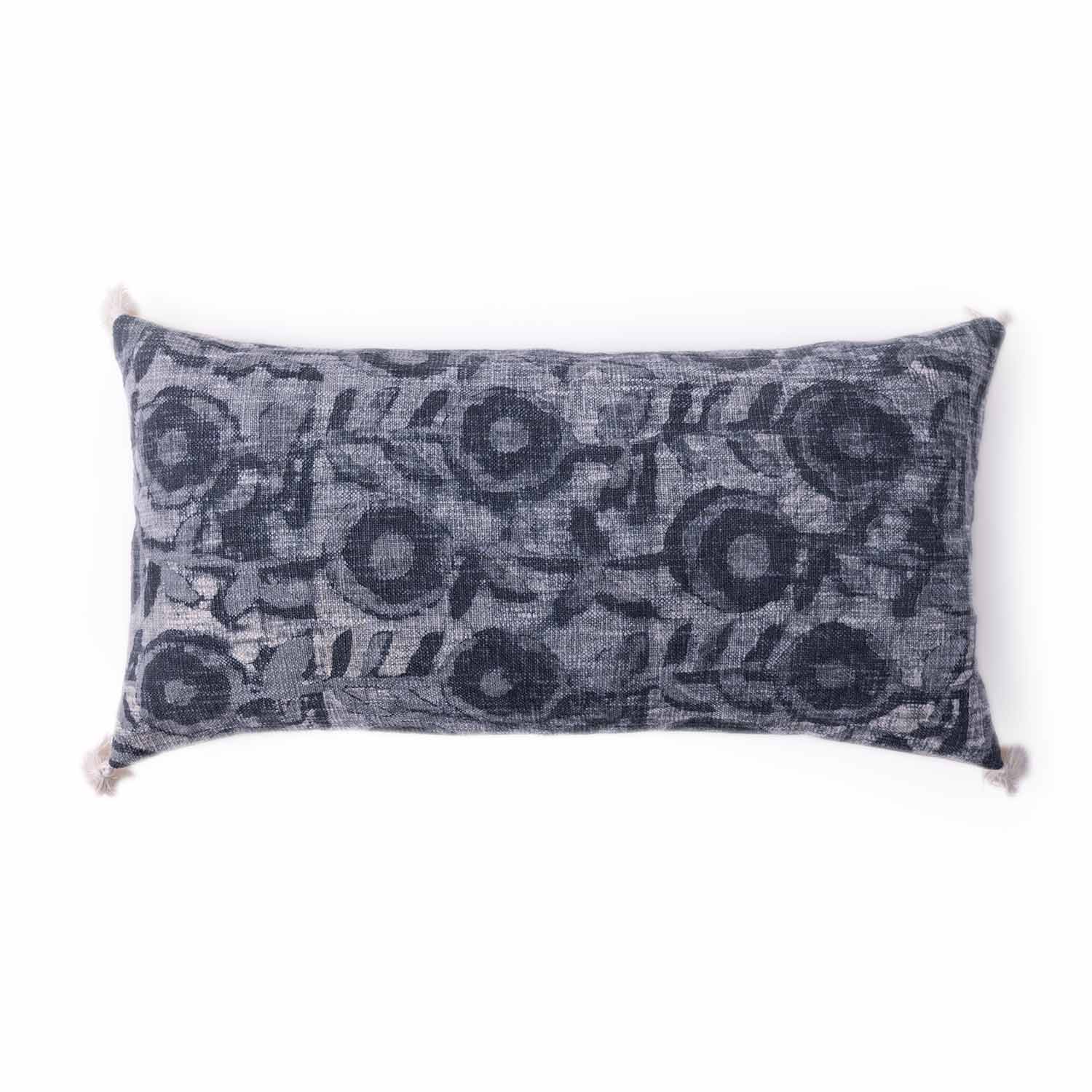 Indigo Blossom Dabu Block Printed Lumbar Cushion Cover with tassels