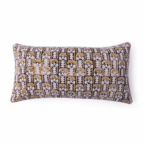 Bouquet block printed cotton lumbar cushion cover with dori piping by Obeetee - angle view