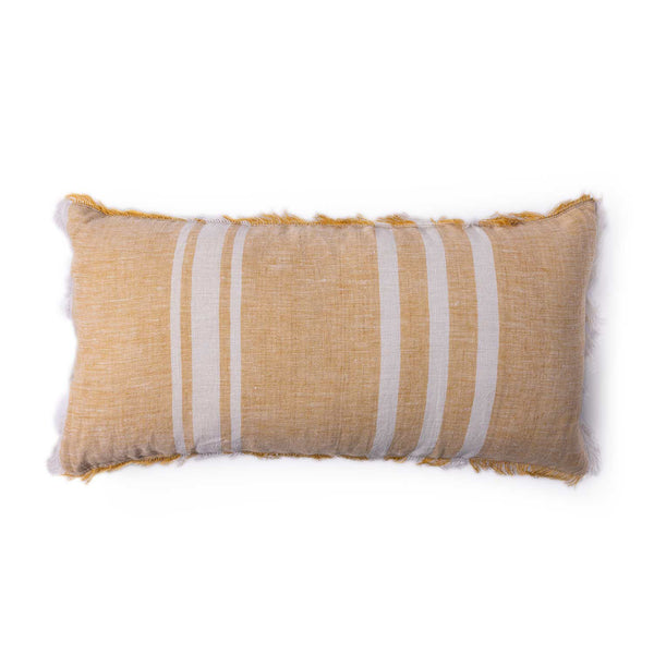 Shine striped linen lumbar cushion cover with fringe by Obeetee - angle view