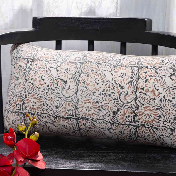 Retro cotton linen block printed lumbar cushion cover by Obeetee - full view