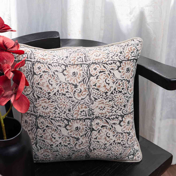 Retro cotton linen block printed cushion cover by Obeetee - full view