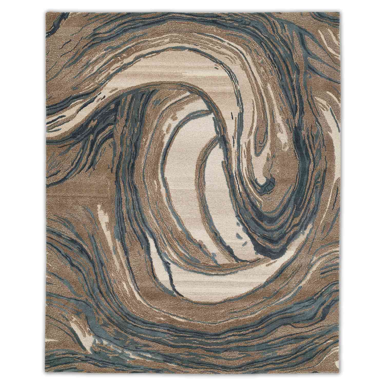 Rug with swirling pattern in brown, beige, and blue on a cream background