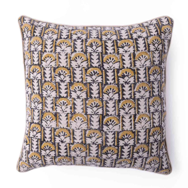Bouquet block printed cotton cushion cover with dori piping by Obeetee - angle view
