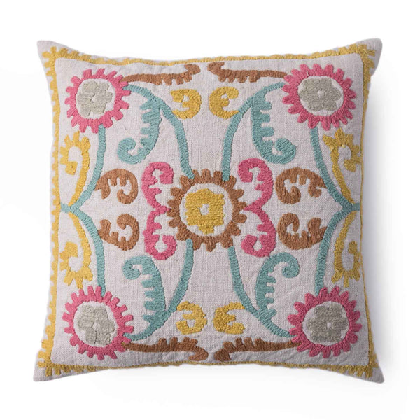 Bohobloom cotton linen machine embroidered cushion cover by Obeetee - angle view
