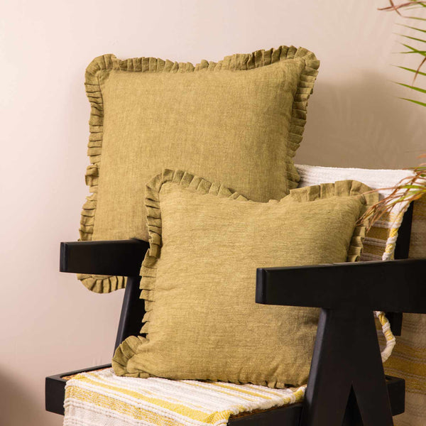 Olive dyed linen cushion cover with frills by Obeetee - full view