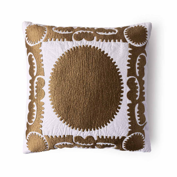 Raha embroidered gold cushion cover by Obeetee - angle view