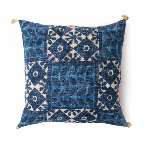 Indigo Dabu printed cotton slub cushion cover by Obeetee - angle view