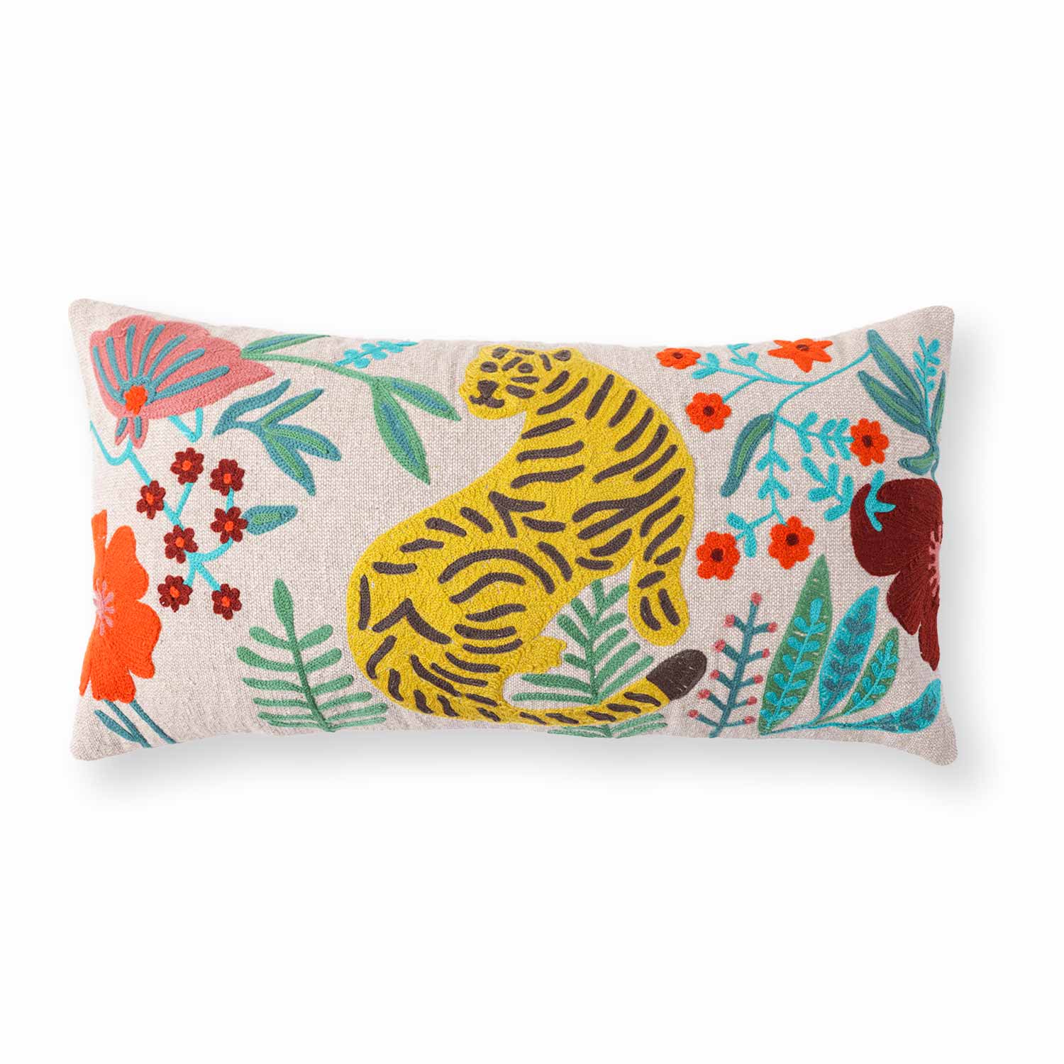 Lion Chambray Embroidered Cotton Slub Lumbar Cushion Cover