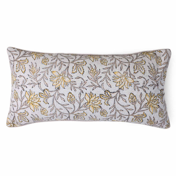 Flora block printed cotton lumbar cushion cover by Obeetee - angle view