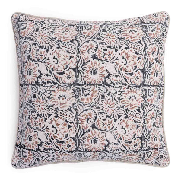 Retro cotton linen block printed cushion cover by Obeetee - angle view