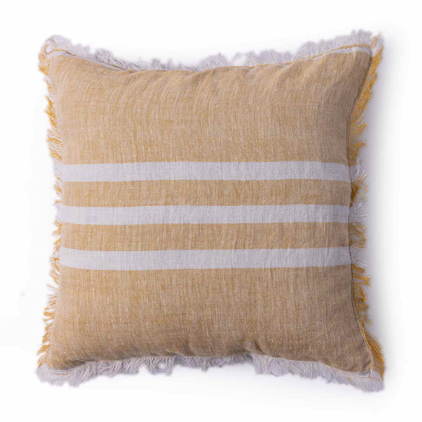 Shine striped linen cushion cover with fringe by Obeetee - angle view