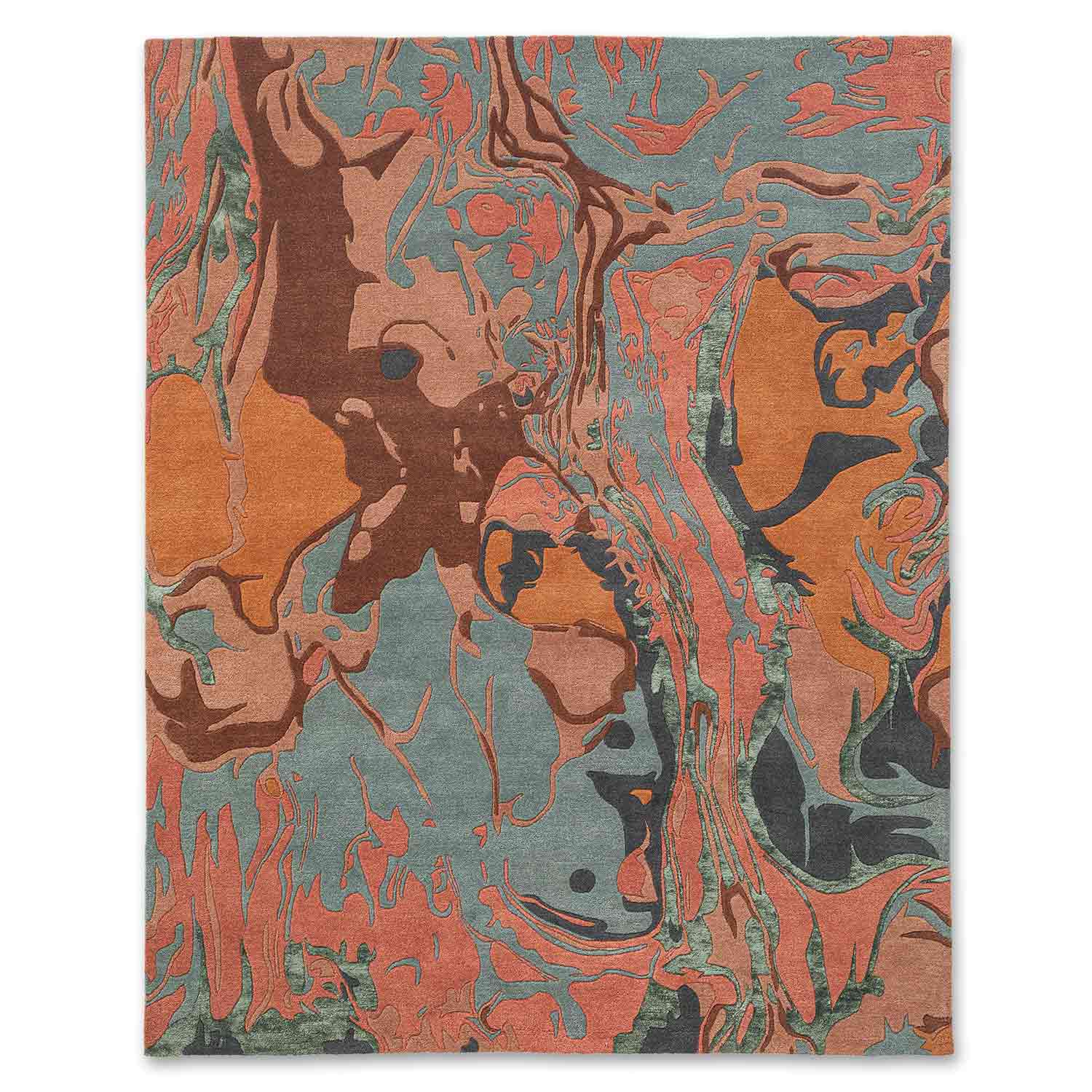 Abstract patterned rug with earthy tones on a white background