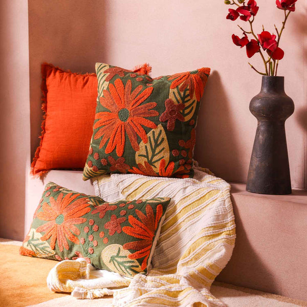 Dandelion chambray cotton with Mari embroidery lumbar cushion cover by Obeetee - full view