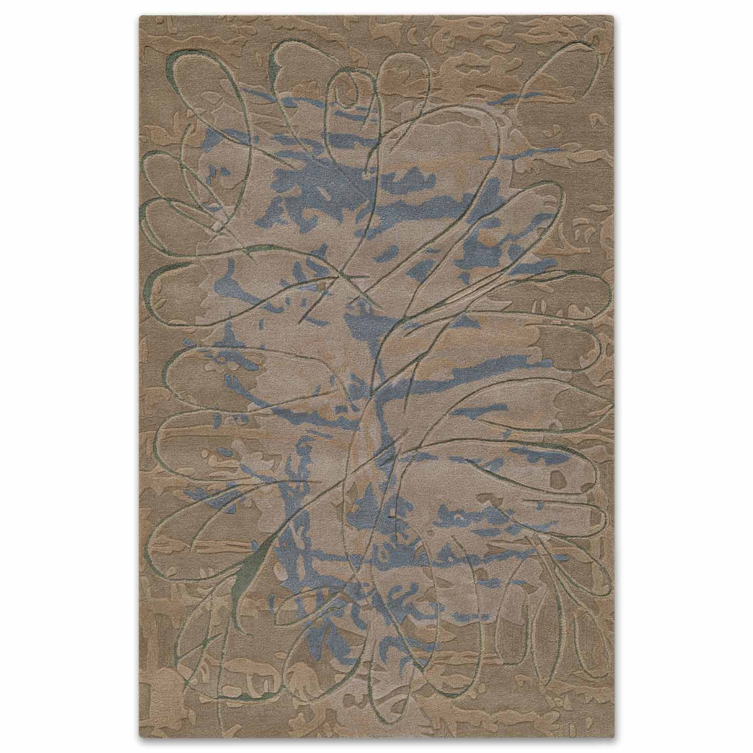 Textured rug with leaf pattern on a beige background