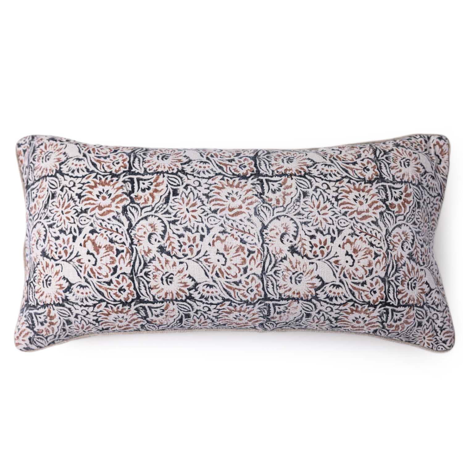 Retro Cotton Linen Block Printed Lumbar Cushion Cover