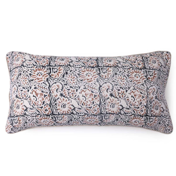 Retro cotton linen block printed lumbar cushion cover by Obeetee - angle view