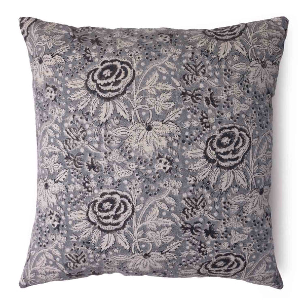 Rosie block printed linen chambray cushion cover by Obeetee - angle view