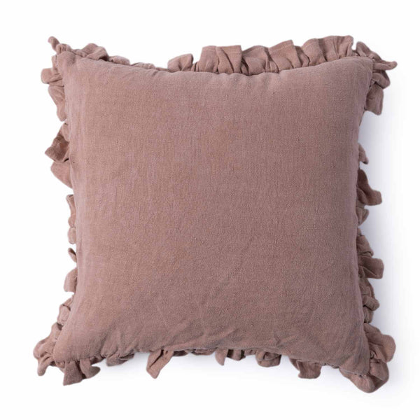 Shalome linen solid cushion cover with frill details by Obeetee - angle view