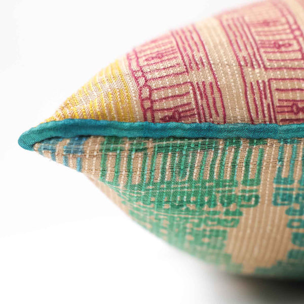 Fiortan Tassar silk digital printed cushion cover by Mariella Ienna for Obeetee - angle view