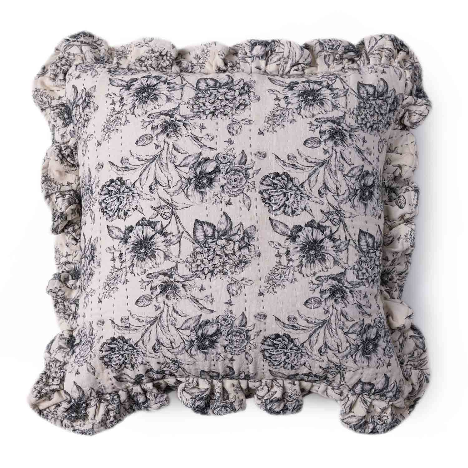 Blossom Digital Print with Kantha Embroidery Cushion Cover