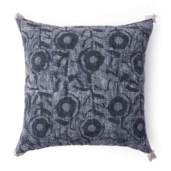 Indigo Blossom Dabu block printed cushion cover with tassels by Obeetee - angle view