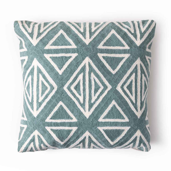 Bororo chambray cushion cover with Aari embroidery by Obeetee - angle view