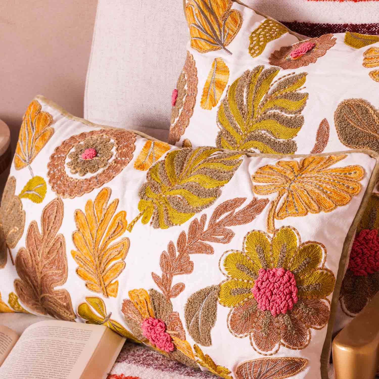 Mimosa Embroidered Cotton Chambray Cushion Cover with Dori Piping