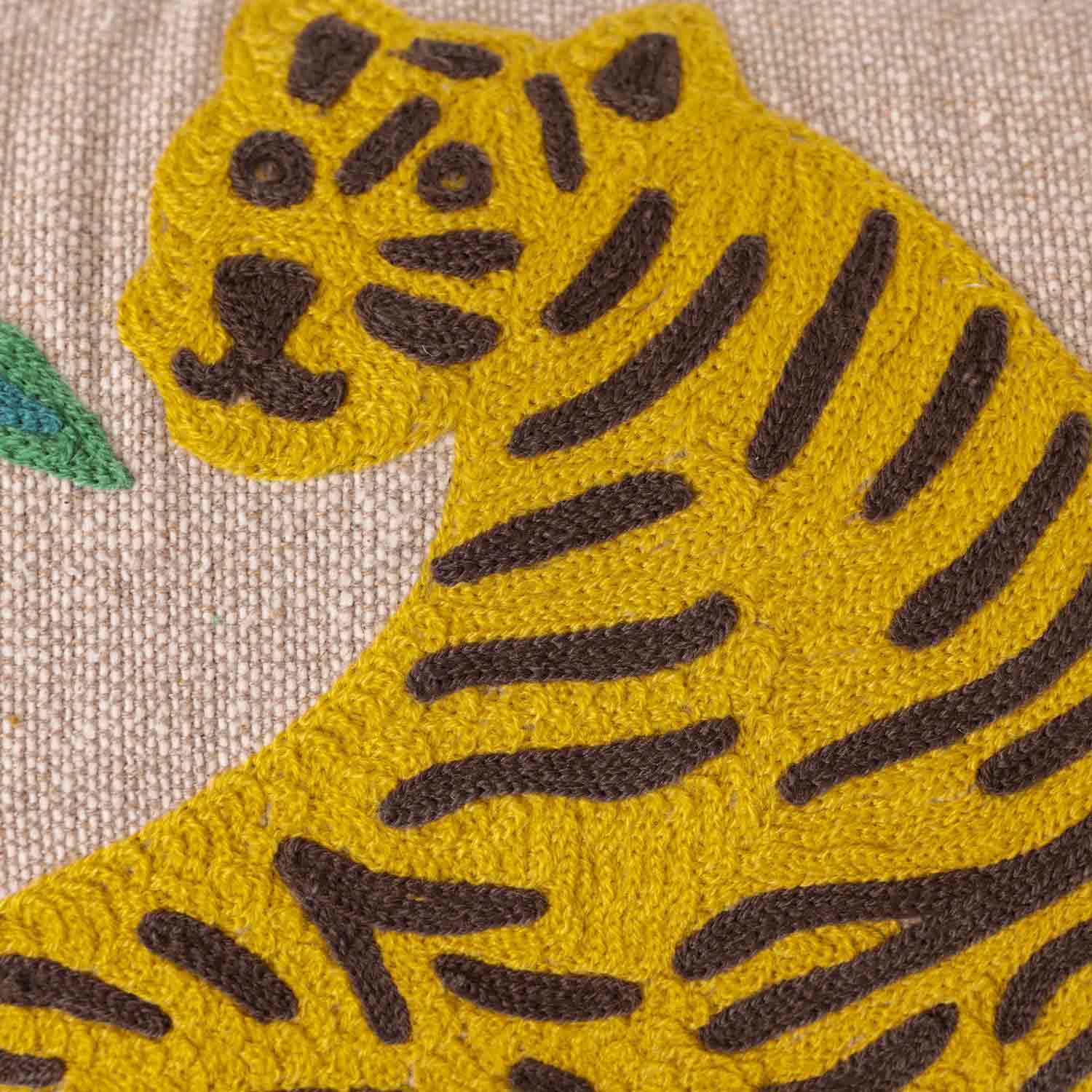 Leopard Chambray Embroidered Cotton Slub Cushion Cover