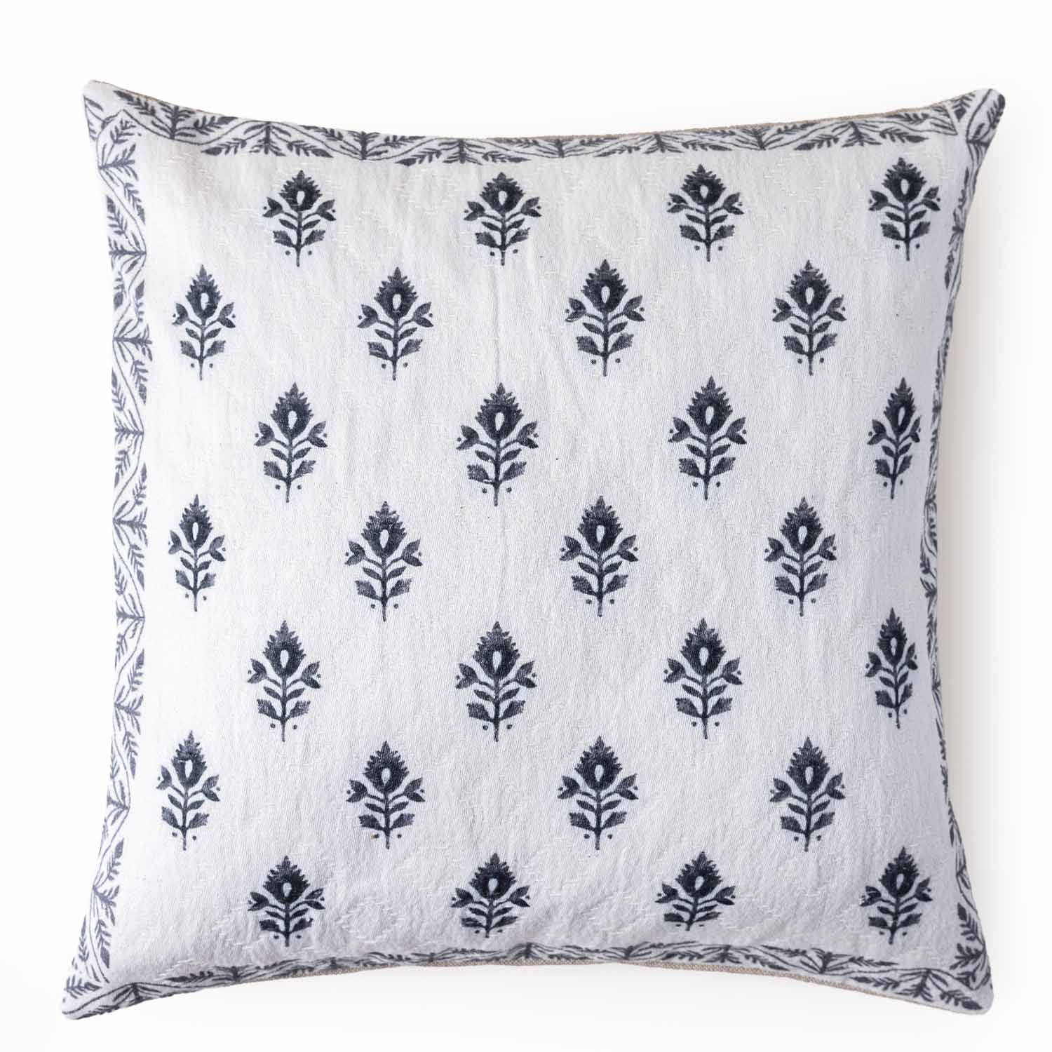 Leaflet Handloom Jacquard Block Printed Cushion Cover