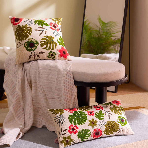 Fern cotton slub embroidered cushion cover by Obeetee - full view