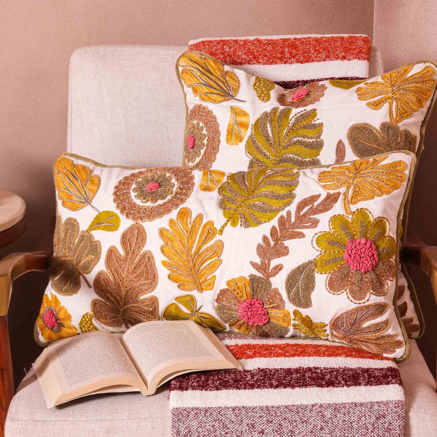 Mimosa Embroidered Cotton Chambray Cushion Cover with Dori Piping