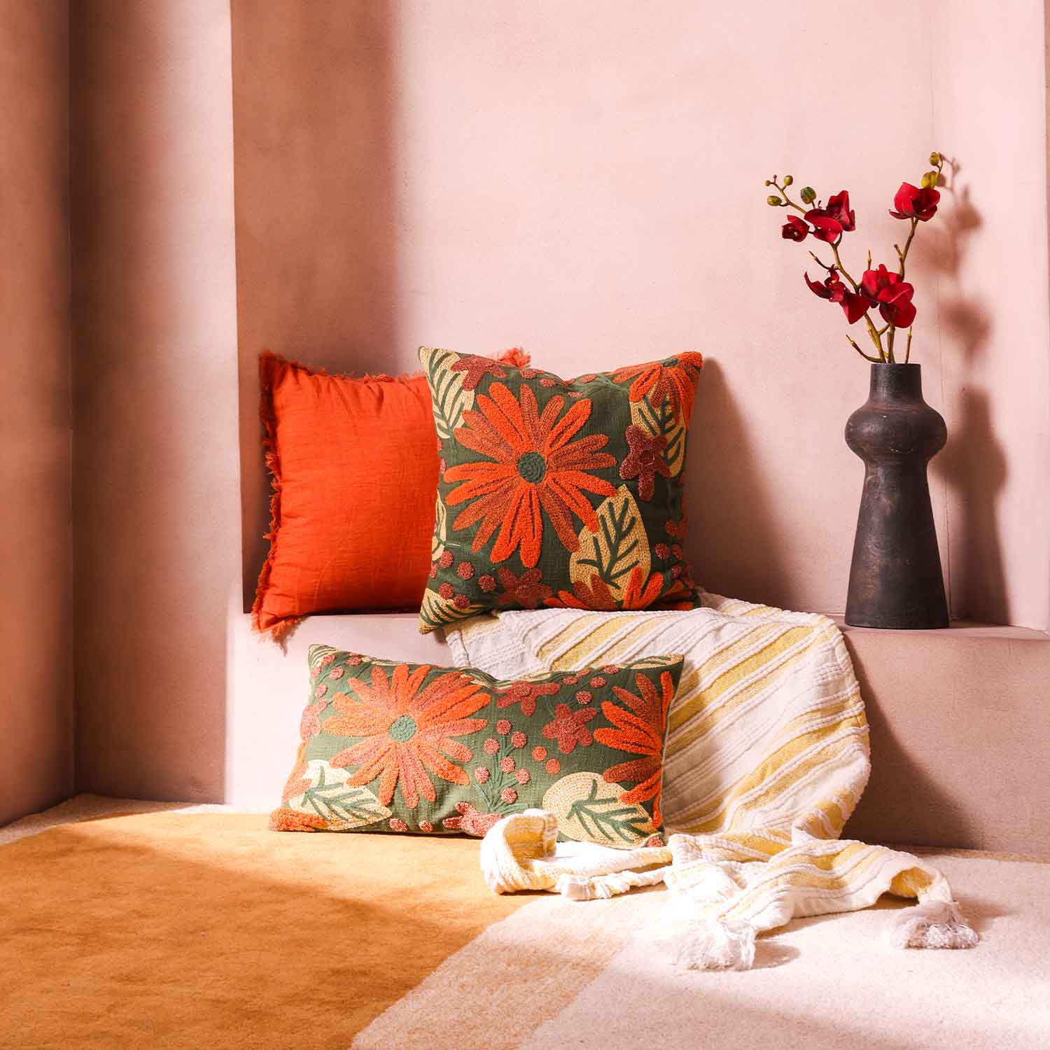 Dandelion Chambray Cotton with Mari Embroidery Lumber Cushion Cover