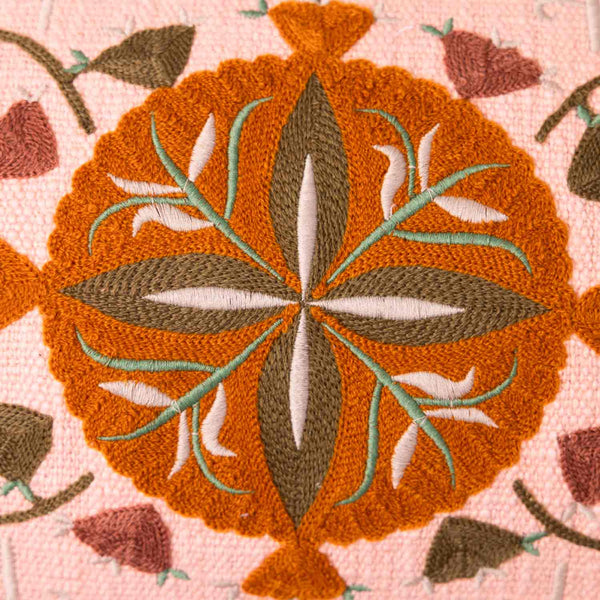 Bukhara cotton slub embroidered lumbar cushion cover by Obeetee - texture detail