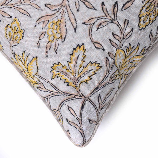 Flora block printed cotton lumbar cushion cover by Obeetee - detail view