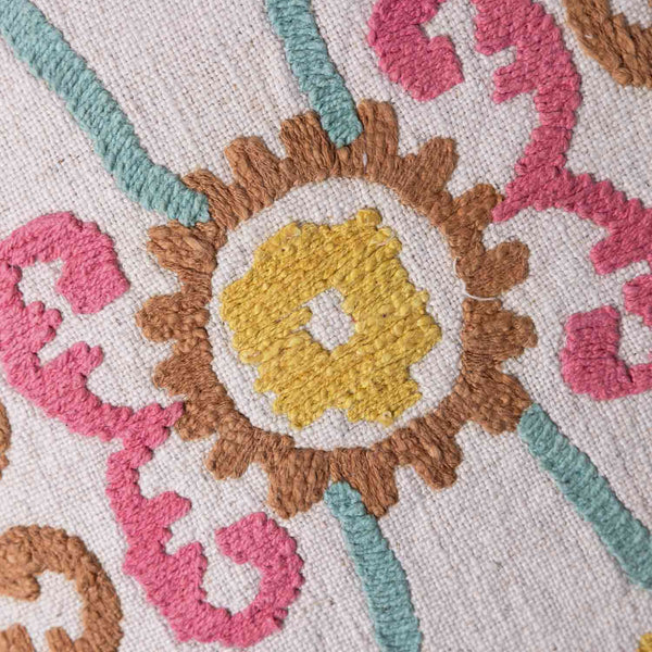 Bohobloom cotton linen machine embroidered cushion cover by Obeetee - texture detail