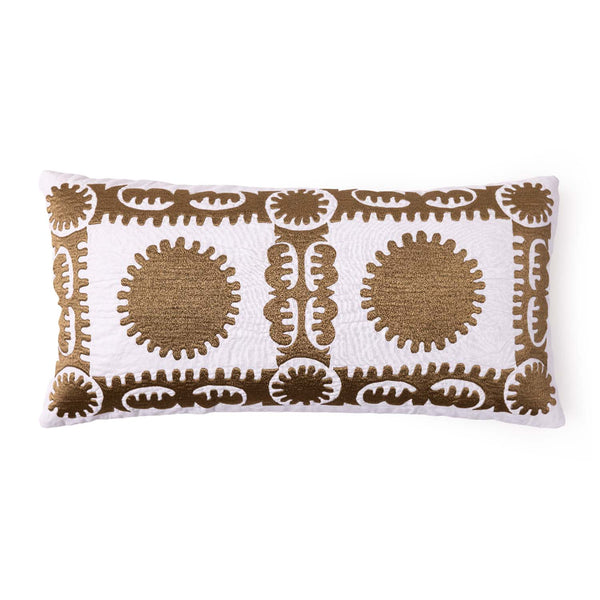 Raha embroidered gold lumbar cushion cover by Obeetee - angle view