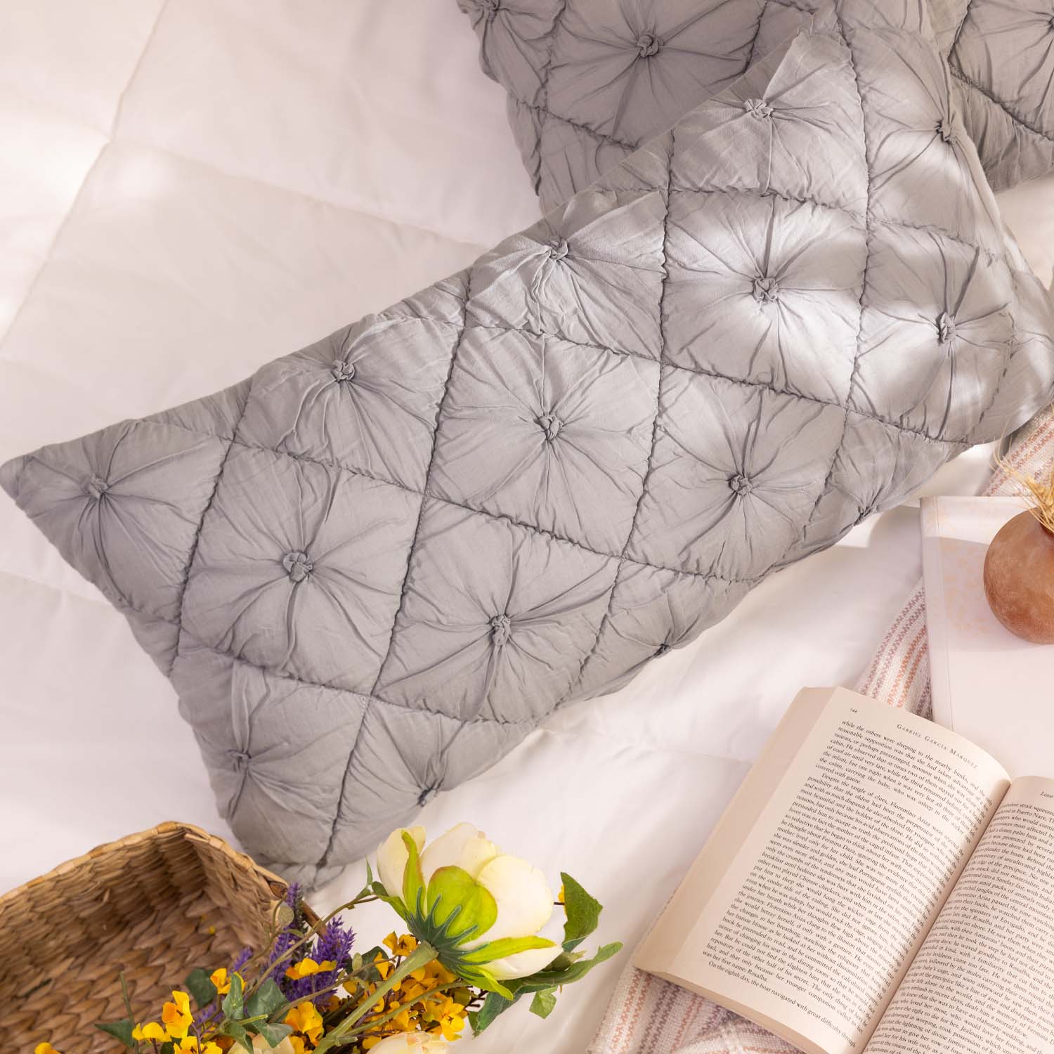 Cotton Embroidered and hand quilted Nirvasa Lumbar Cushion Cover