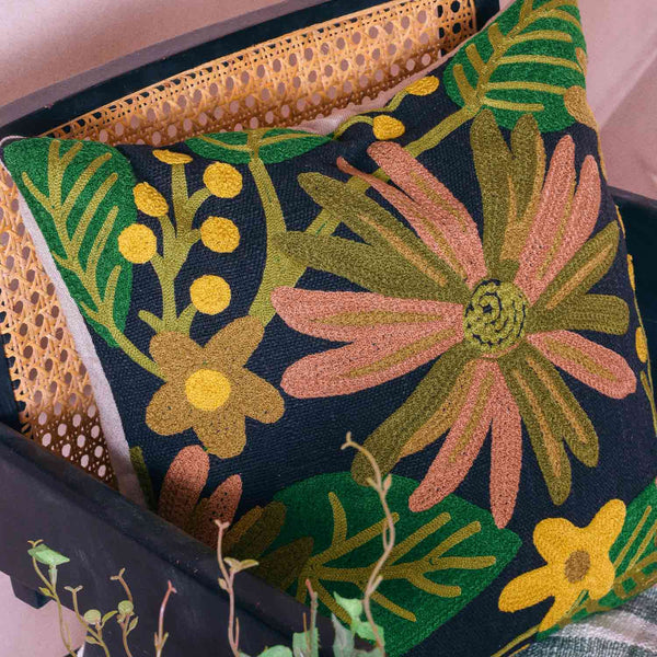 Chrysalis slub dyed and embroidered cotton cushion cover by Obeetee - styled view