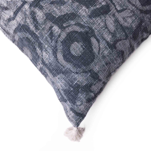 Indigo Blossom Dabu block printed cushion cover with tassels by Obeetee - detail view