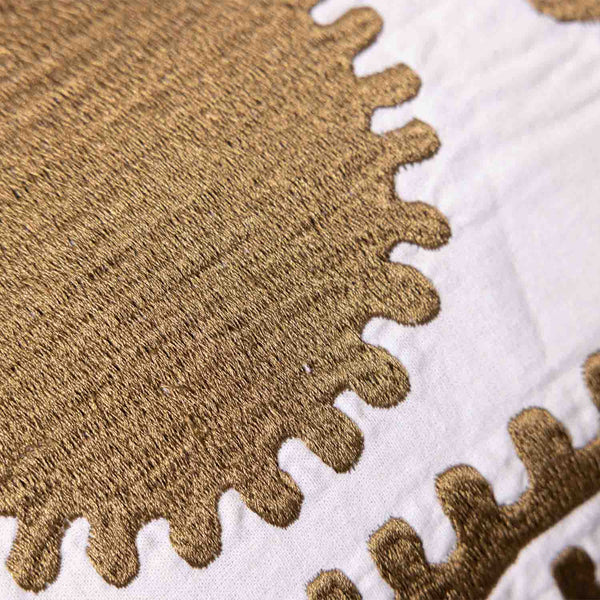 Raha embroidered gold lumbar cushion cover by Obeetee - texture detail