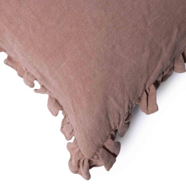 Shalome linen solid cushion cover with frill details by Obeetee - detail view