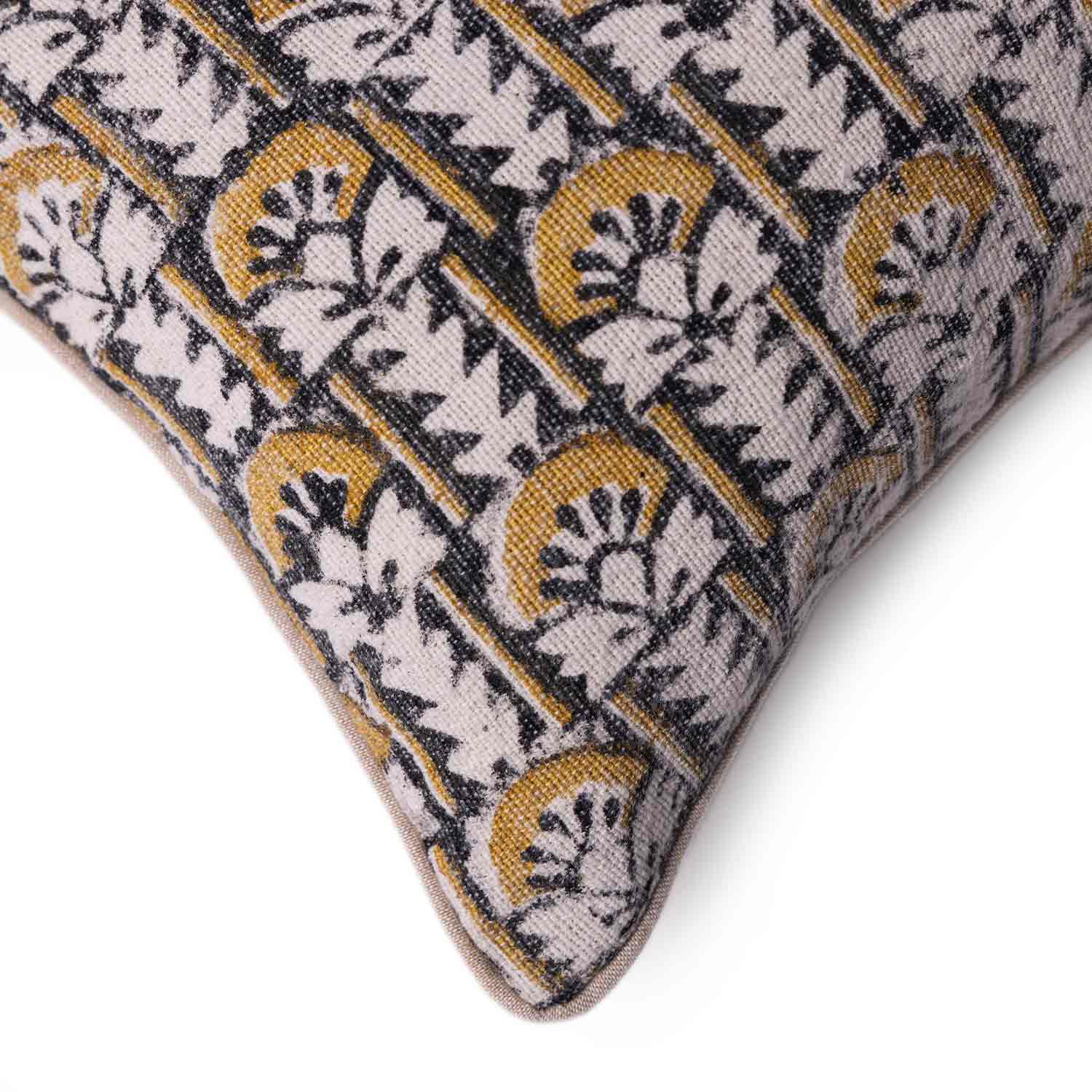 Bouqet Block Printed Cotton Lumbar Cushion Cover with Dori Piping