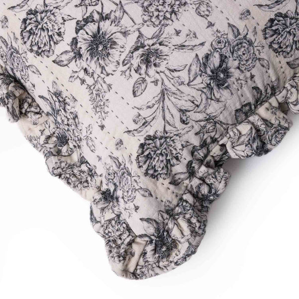 Blossom digital print with Kantha embroidery cushion cover by Obeetee - detail view