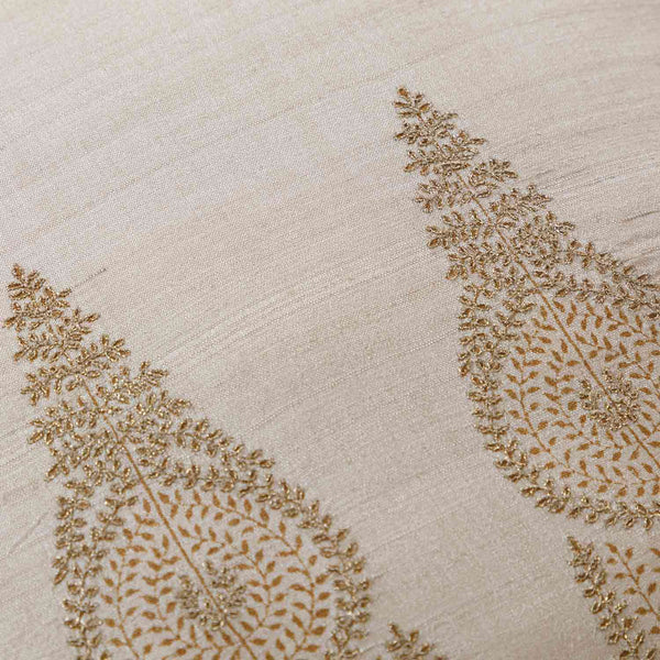 Nilay silk block printed gold embroidered cushion cover by Obeetee - detail view