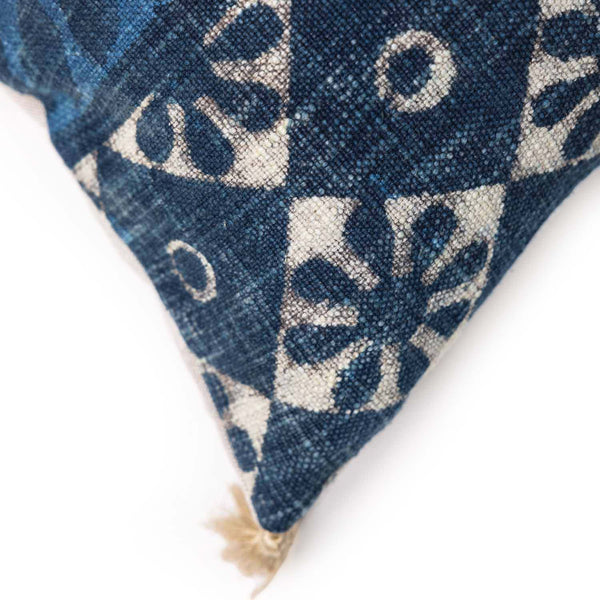 Indigo Dabu printed cotton slub cushion cover by Obeetee - detail view