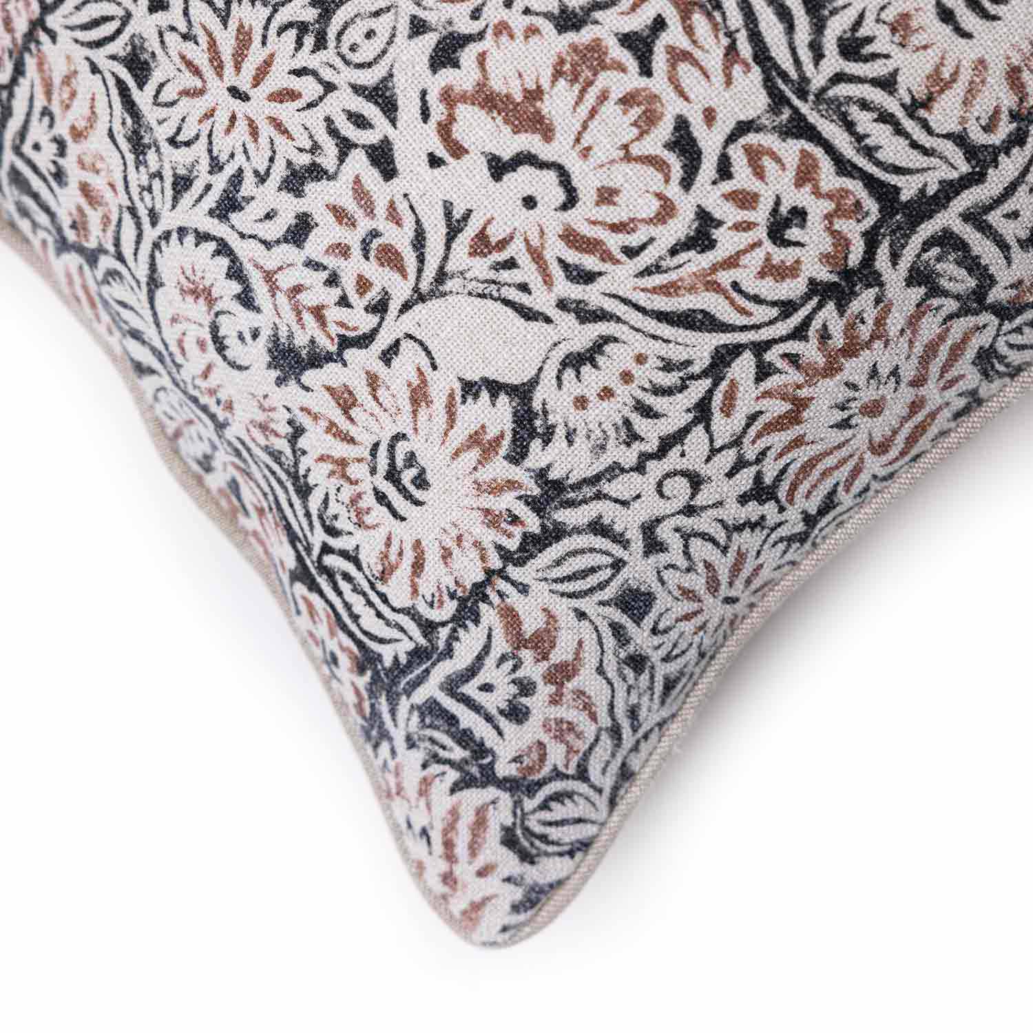 Retro Cotton Linen Block Printed Lumbar Cushion Cover