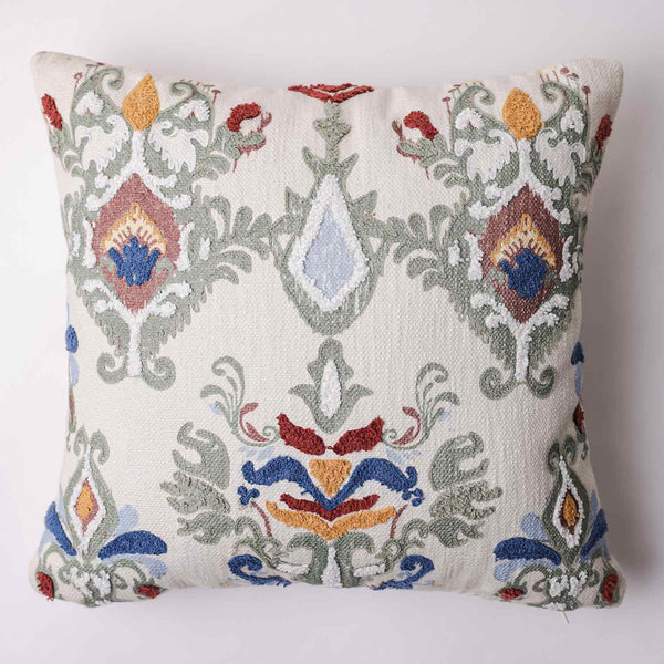 Damask Green printed and embroidered cotton cushion cover by Obeetee - detail view