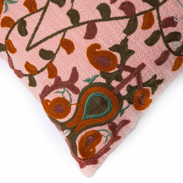 Bukhara cotton slub embroidered lumbar cushion cover by Obeetee - detail view