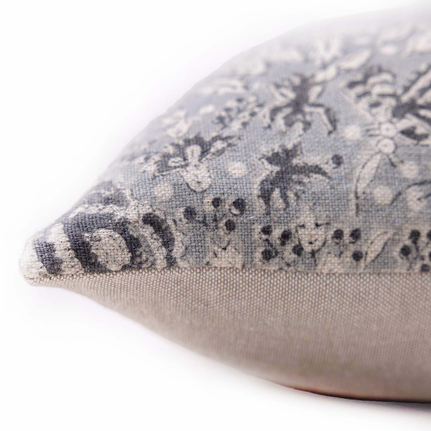 Rosie Block Printed Linen Chambray Lumbar Cushion Cover