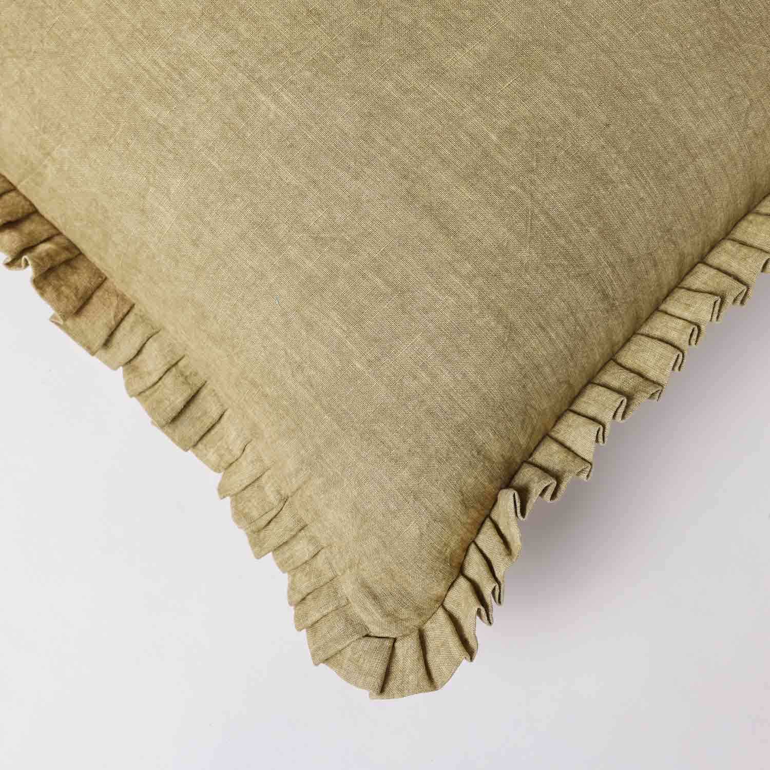Olive Dyed Linen Solid Cushion Cover With Frills